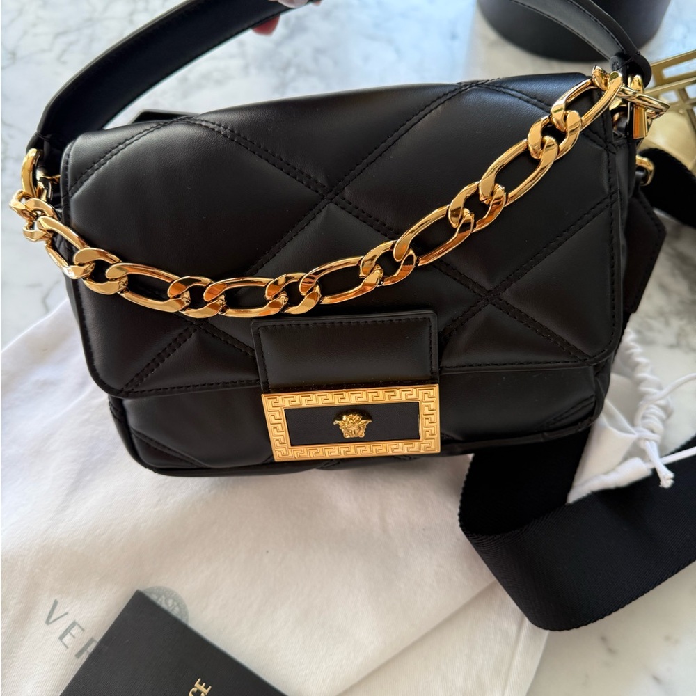Versace Black Leather Shoulder Bag with Gold Chain